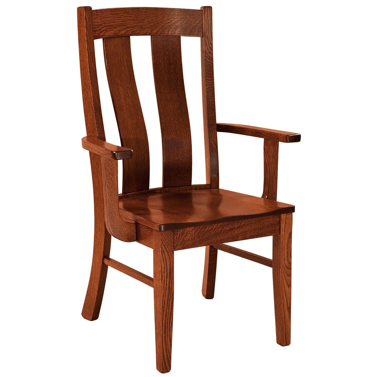 Oak dining arm chair with curved wide slats, flat arms and a scooped saddle seat on a white background