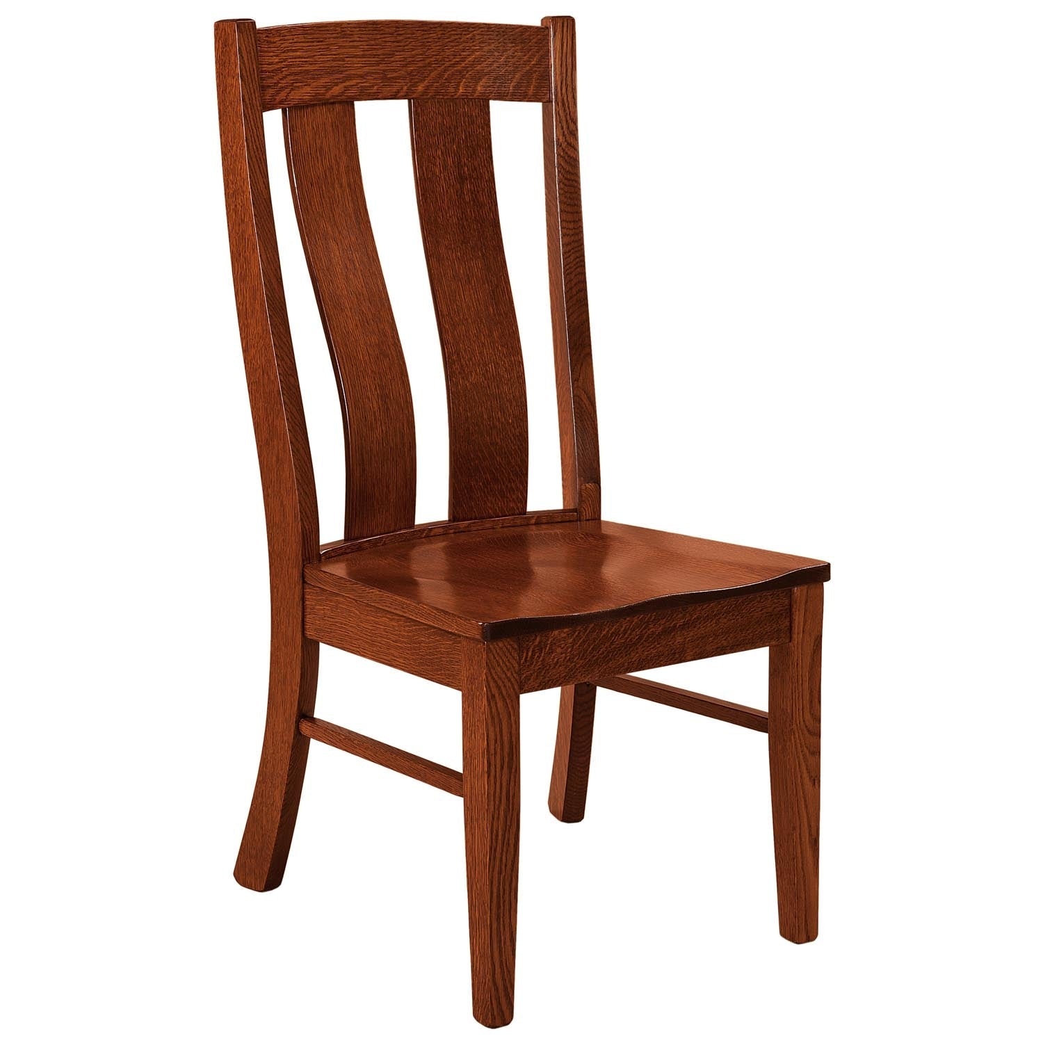 Dark espresso dining chairs with curved back slats and patterned upholstered seats at a round table