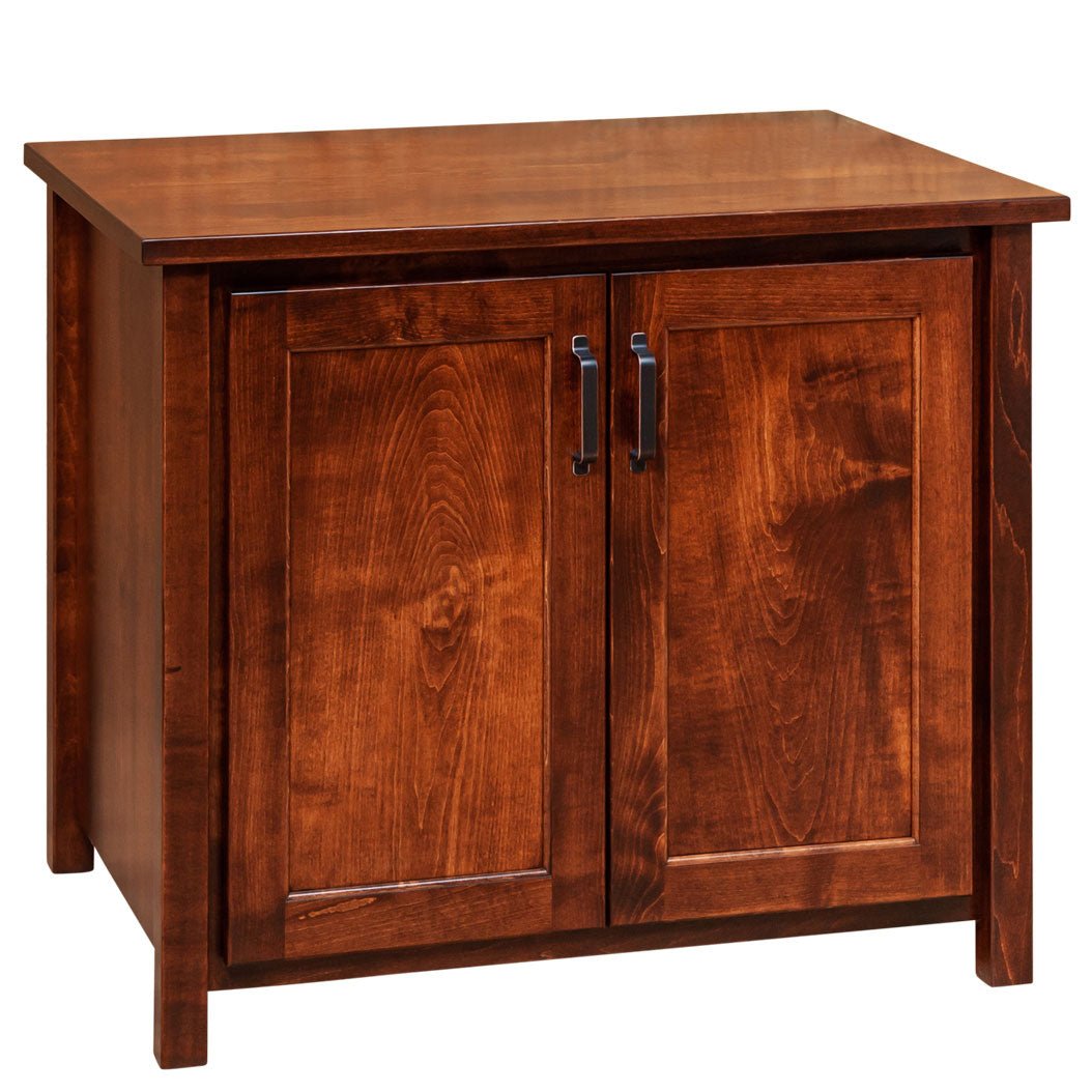 Front angle of the solid wood printer cabinet showing recessed door panels, overhanging top and slim black pulls