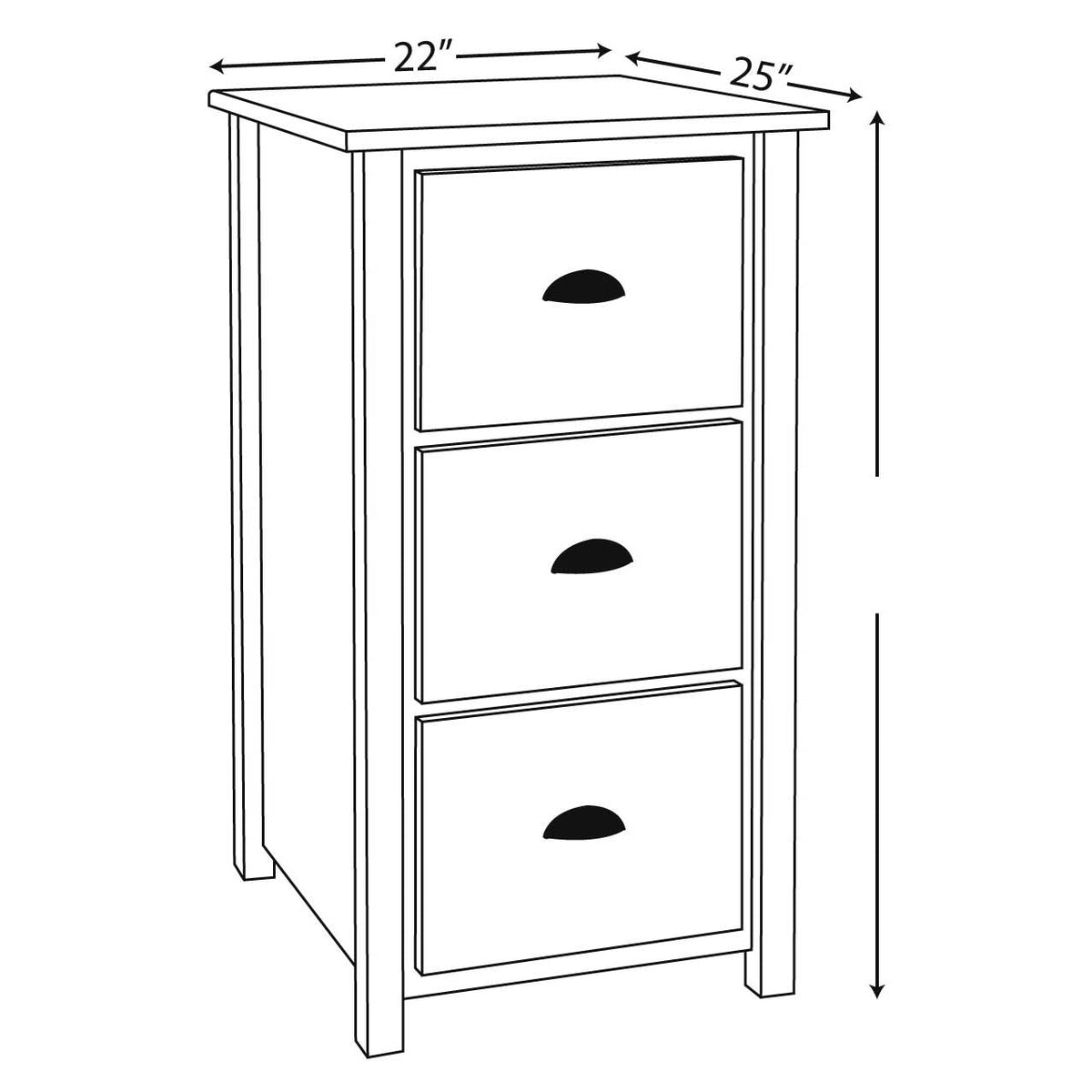 Dimension diagram of the 3 drawer file cabinet: 22 inches wide and 25 inches deep with three cup-pull drawers