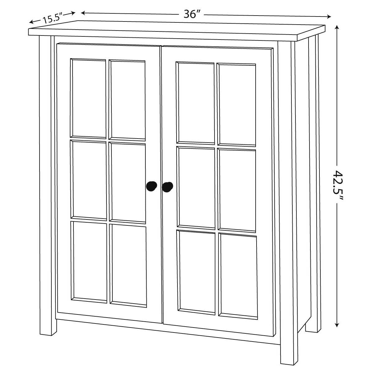 Dimension diagram of the bookcase with doors: 36 inches wide, 15.5 inches deep and 42.5 inches tall