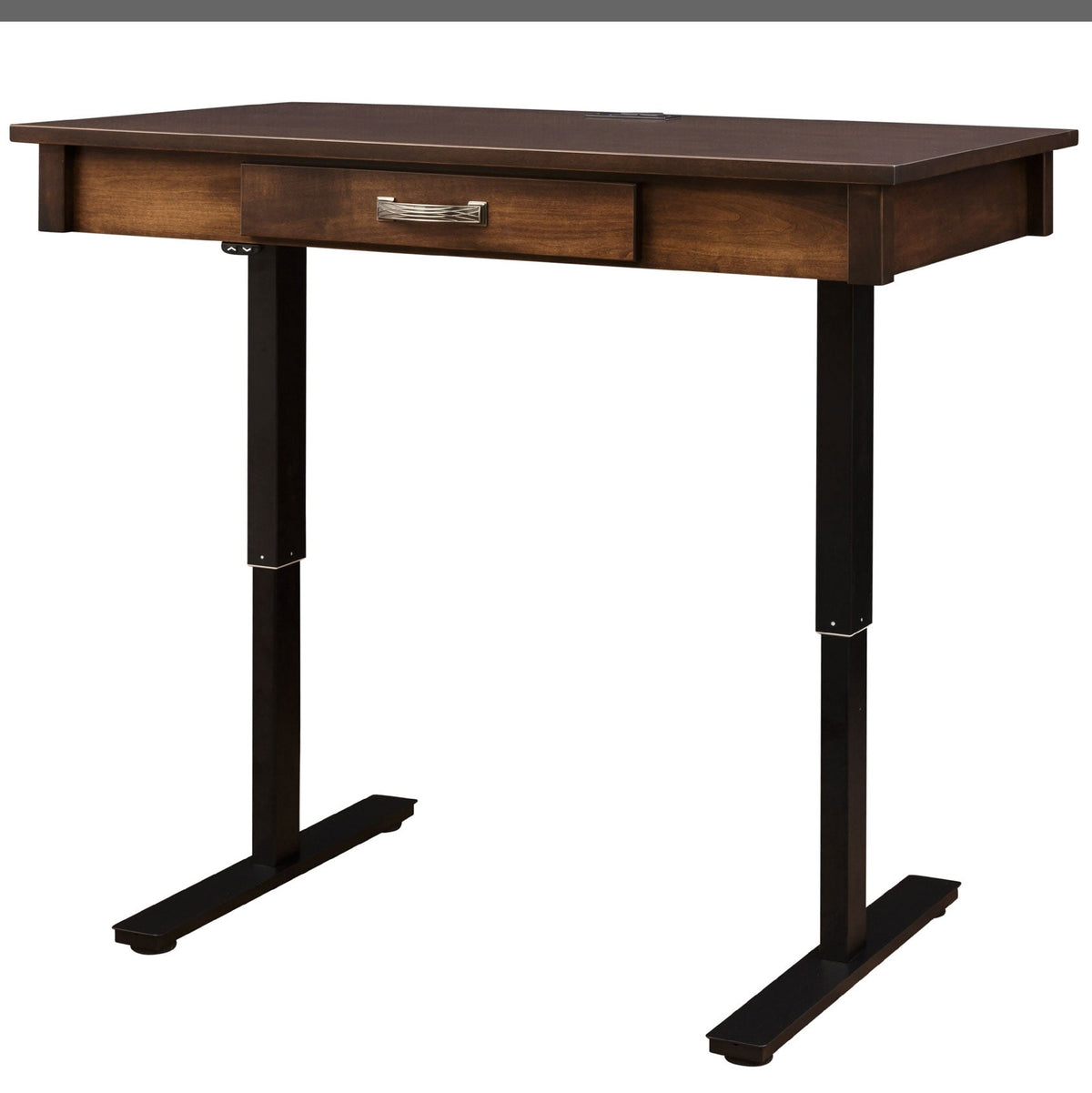 Sit-stand lift desk raised high, walnut-toned top with center drawer, chrome pull and black T-base legs