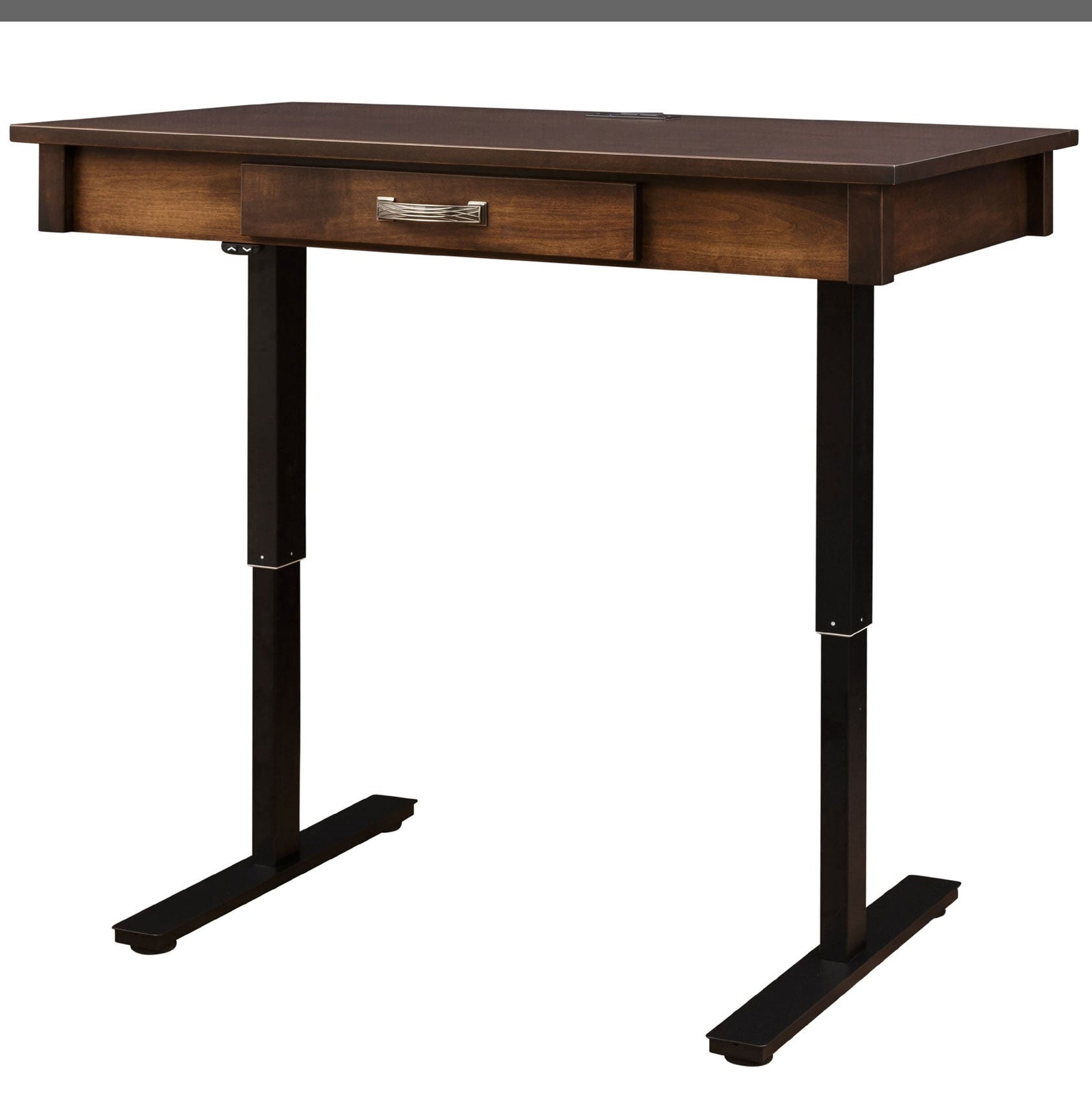 Adjustable height lift desk with wood top, single drawer and black steel legs, styled by a bright window with plants