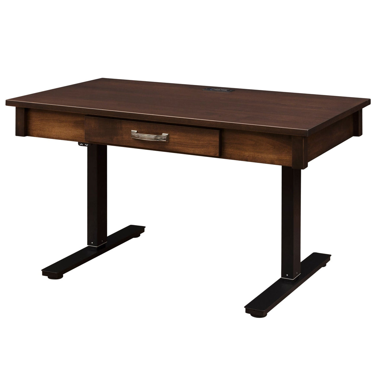 Wide adjustable standing desk with a plain wood top, single drawer and black metal T-legs on a white background