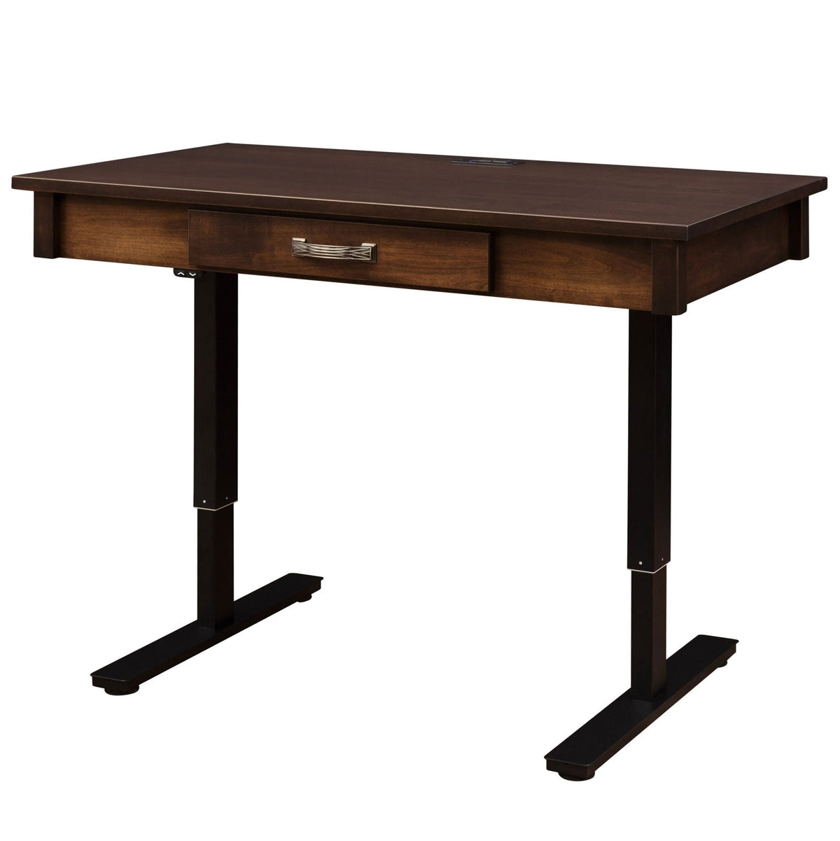 Rising lift desk lowered to sitting height, showing the wood top with power grommet and black adjustable legs
