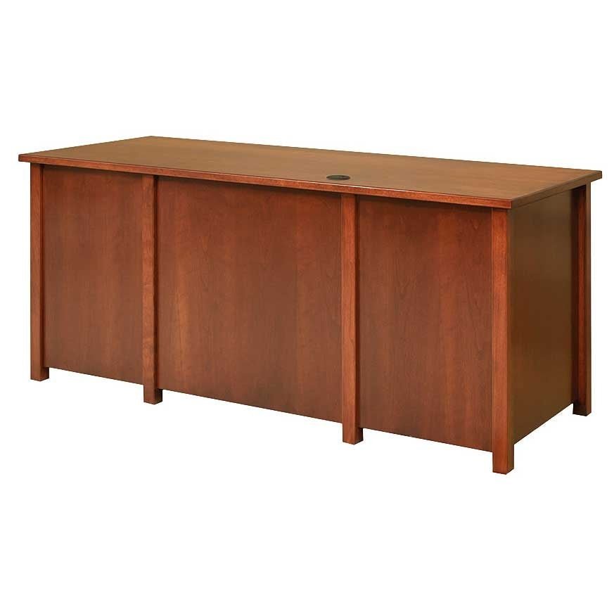 Back panel view of the cherry double pedestal desk showing the finished modesty panel and square post legs