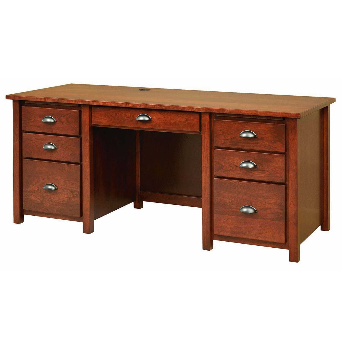 Cherry finished double pedestal desk with seven drawers, brushed nickel cup pulls and a wire grommet in the top