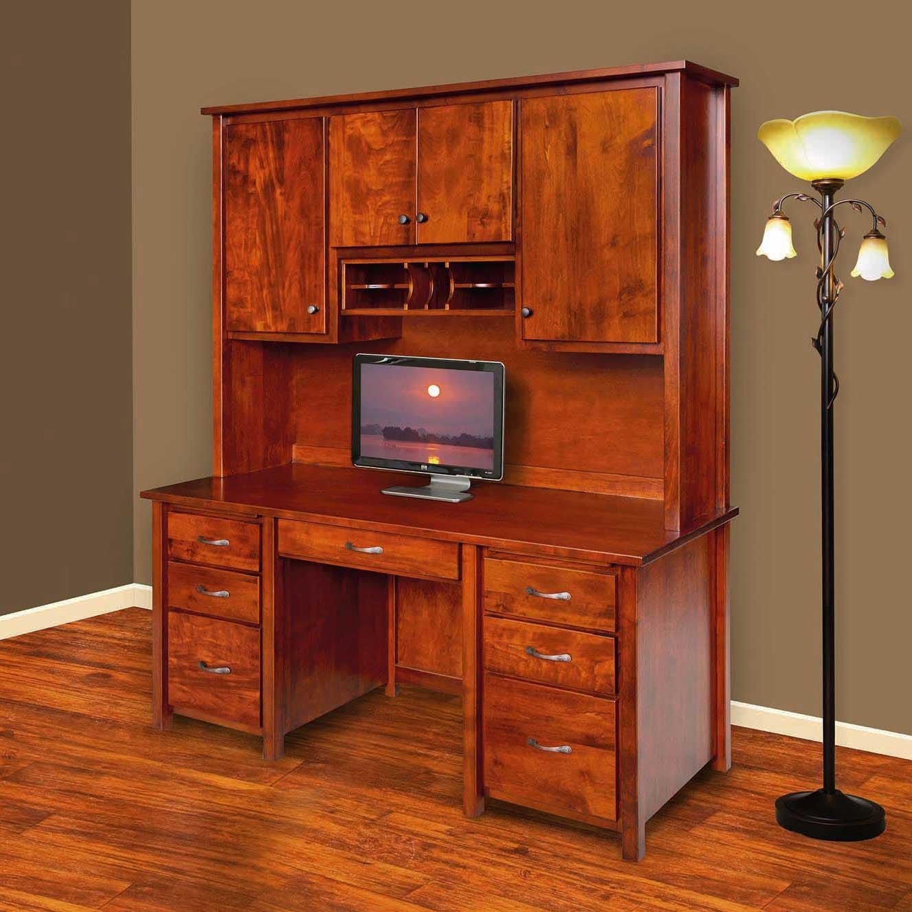Espresso stained double pedestal desk with hutch top, paneled doors, adjustable shelf and six file drawers