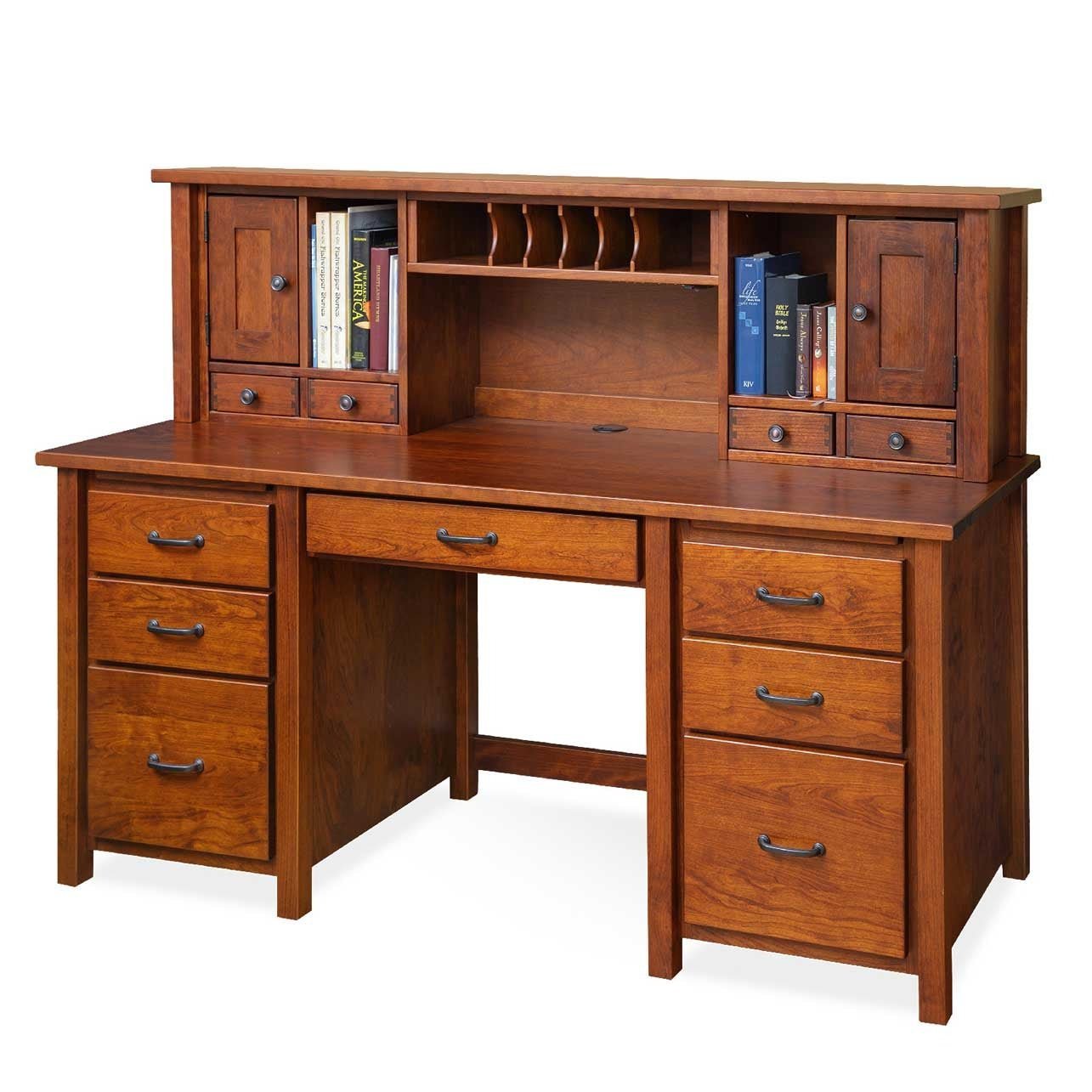 Amish Lewisburg Shaker Solid Wood Double Pedestal Desk with Small Hutch shown in the home office of a traditional colonial home