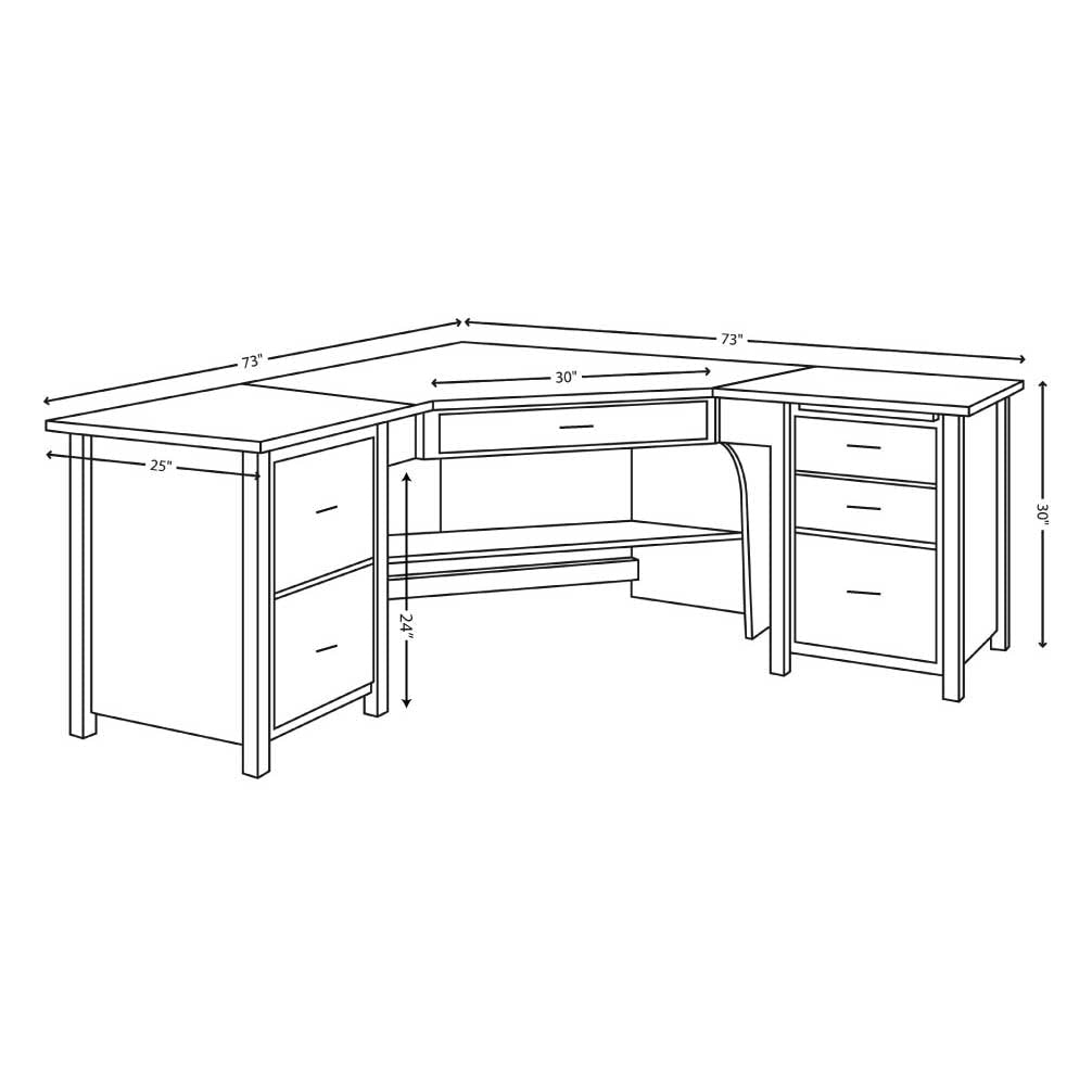 Dimension diagram of the L corner desk: 73 inch wings, 30 inch center, 25 inch depth, 30 inch high, 24 inch knee space