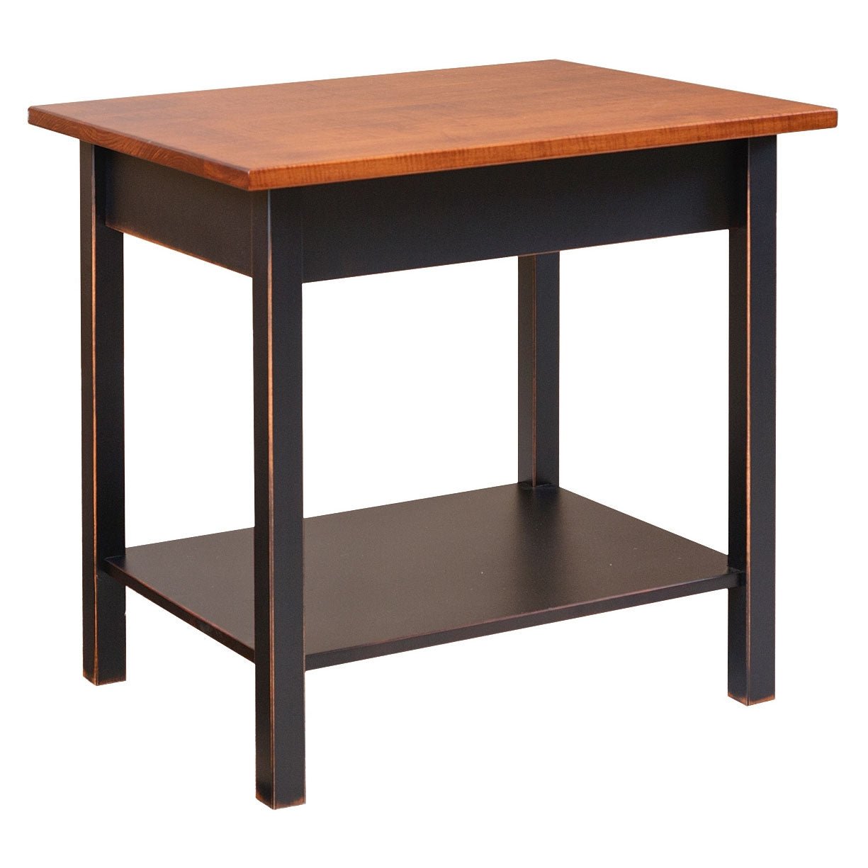 Corner table with a golden wood top over a distressed black base, straight legs and a black lower shelf