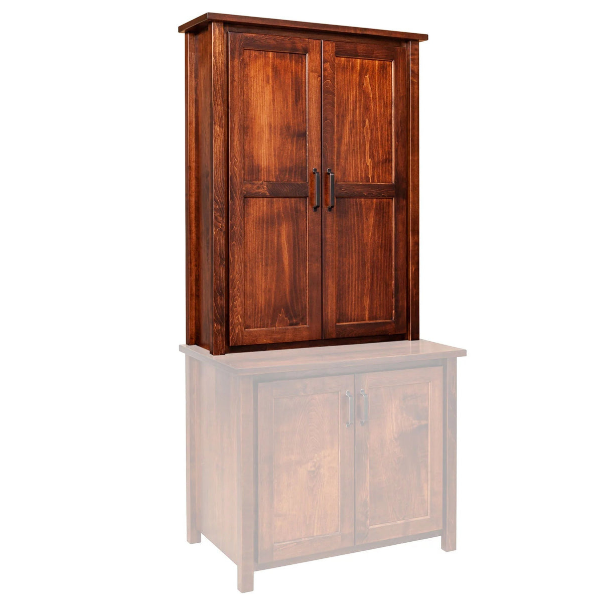 Closed paneled door hutch top in medium brown wood with black bar handles, sitting on a ghosted base cabinet