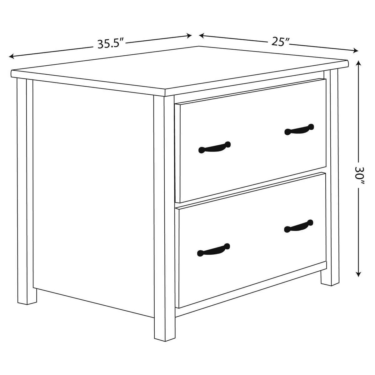 Dimension diagram of the lateral file cabinet: 35.5 inches wide, 25 inches deep and 30 inches tall, two drawers