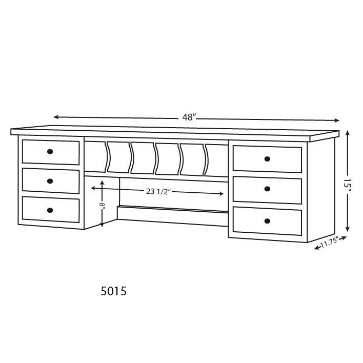 Dimension diagram of the 5015 hutch top: 48 inches wide, 11.75 inches deep, 15 inches tall with six drawers