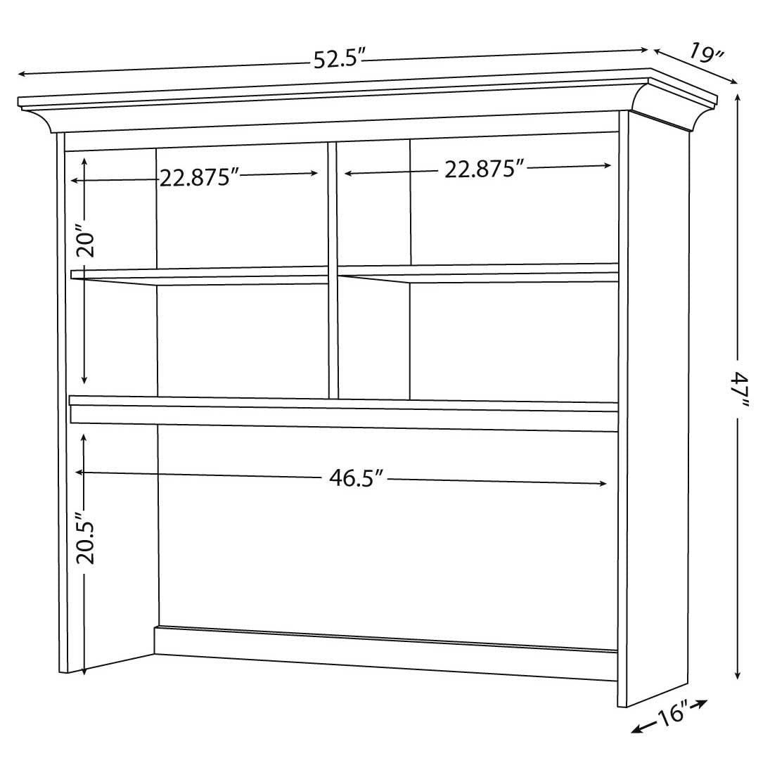 Dimension diagram of the hutch: 52.5 inches wide, 19 inches deep, 47 inches tall with four cubbies and a long shelf