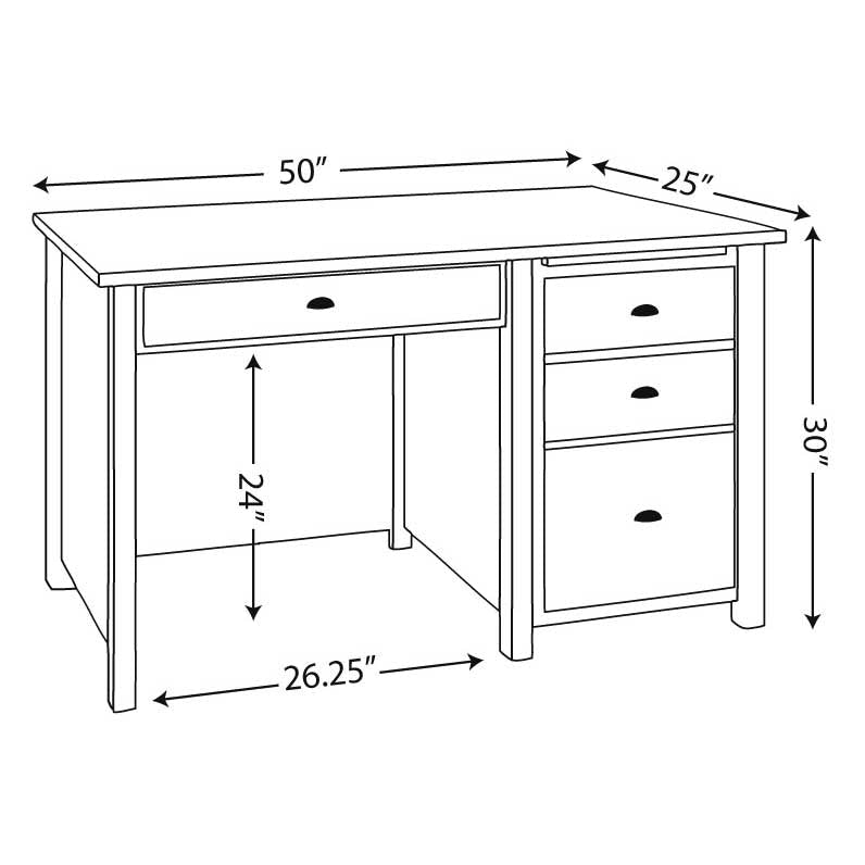 Dimension diagram of the desk: 50 inches wide, 25 inches deep, 30 inches tall with 24 inch knee clearance