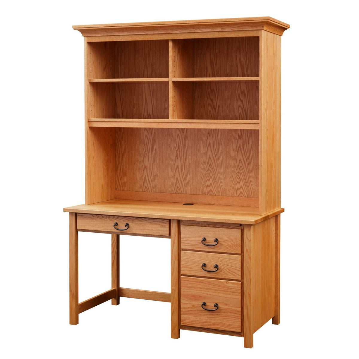 Oak desk with a tall four-cubby hutch, single center drawer and three drawer pedestal on a white background