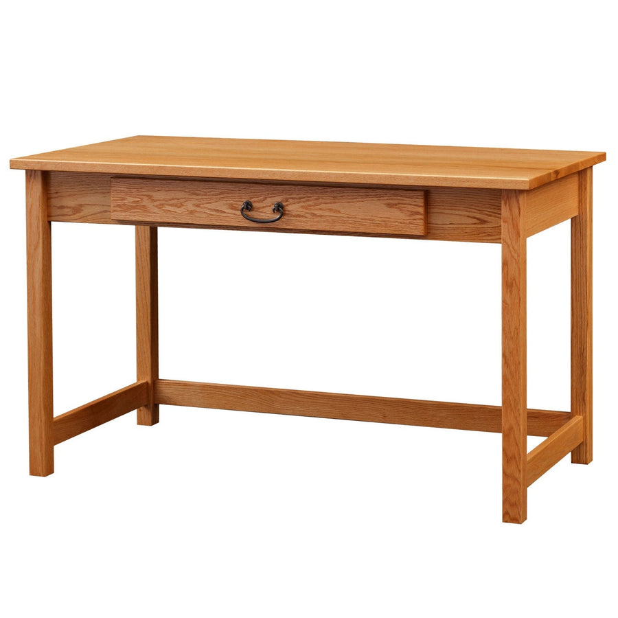 Natural oak table desk with a single long drawer, black bail pull and straight legs braced by stretchers