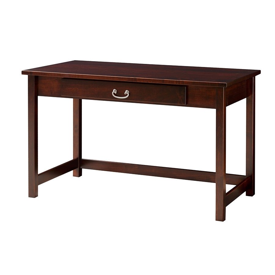 Small table desk in dark espresso wood with one wide drawer, nickel bail pull and square legs with side stretchers