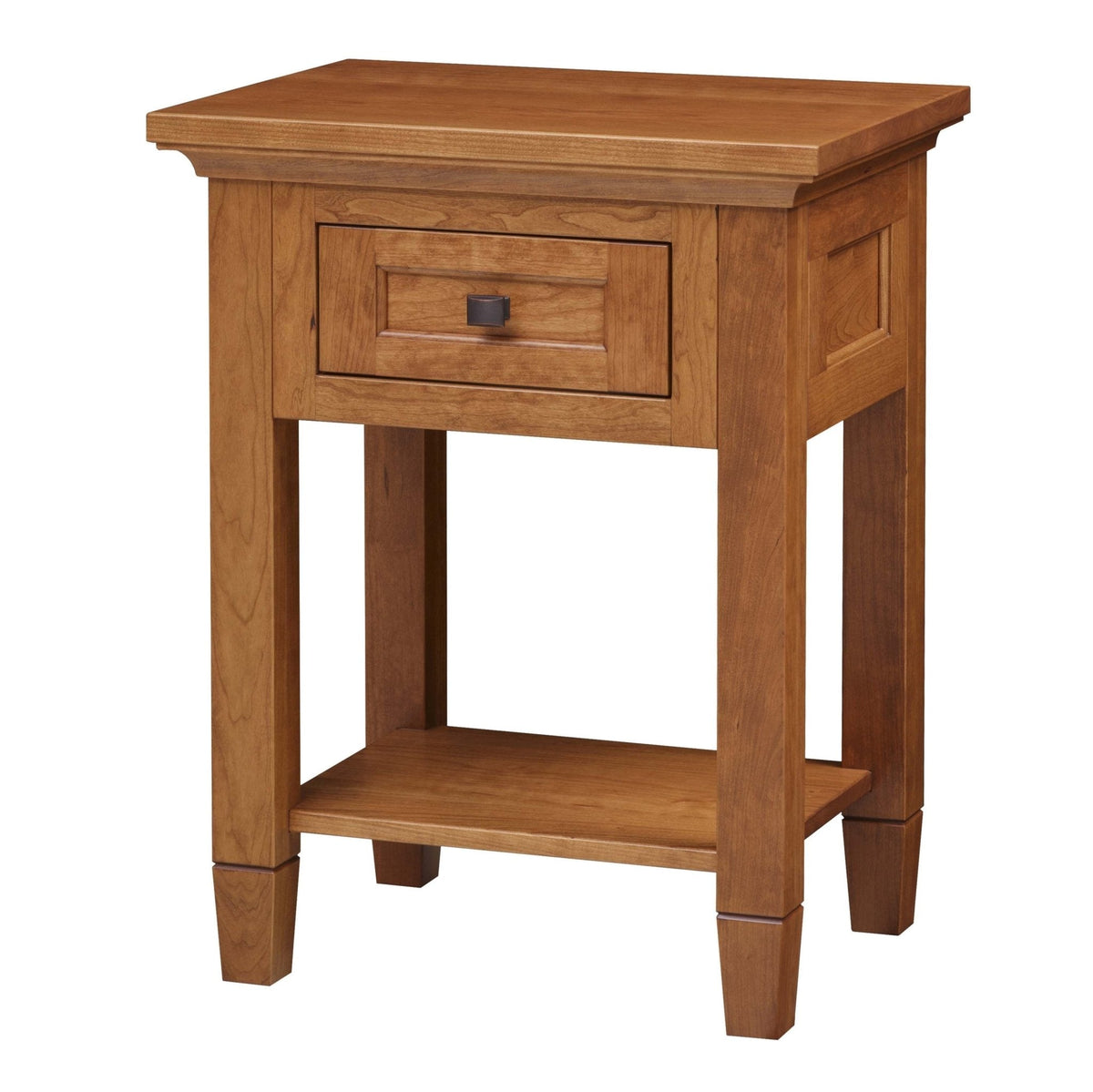 Light cherry night table with a single drawer, an open lower shelf and square tapered legs