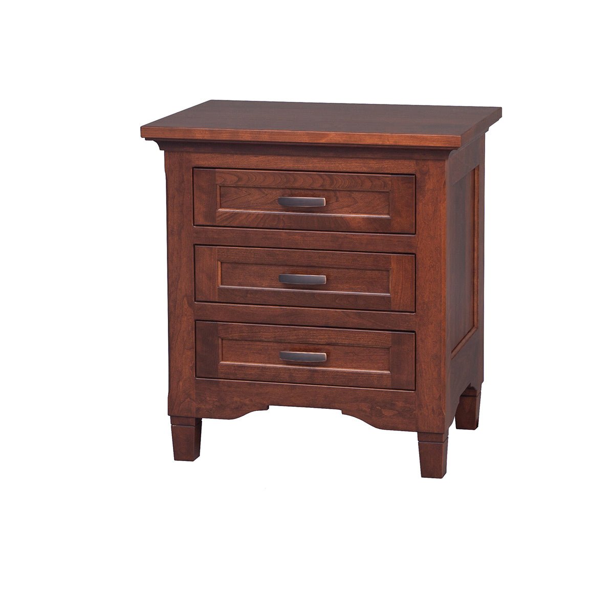Cherry three drawer nightstand with dark bar pulls, shaped skirt and square tapered feet on white