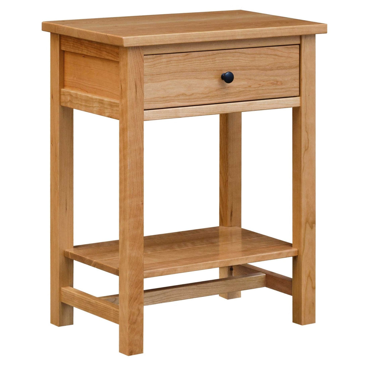 Natural cherry one-drawer open nightstand with square legs, black knob and a low stretcher shelf on a white background