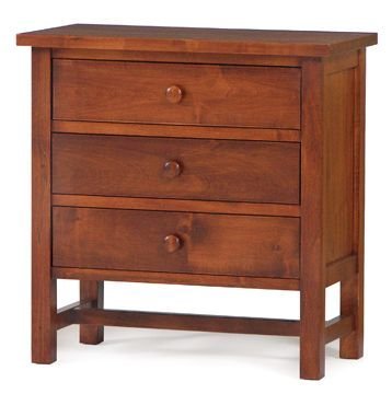Compact three-drawer bedside chest in a dark cherry finish with turned wood knobs and square stretcher legs
