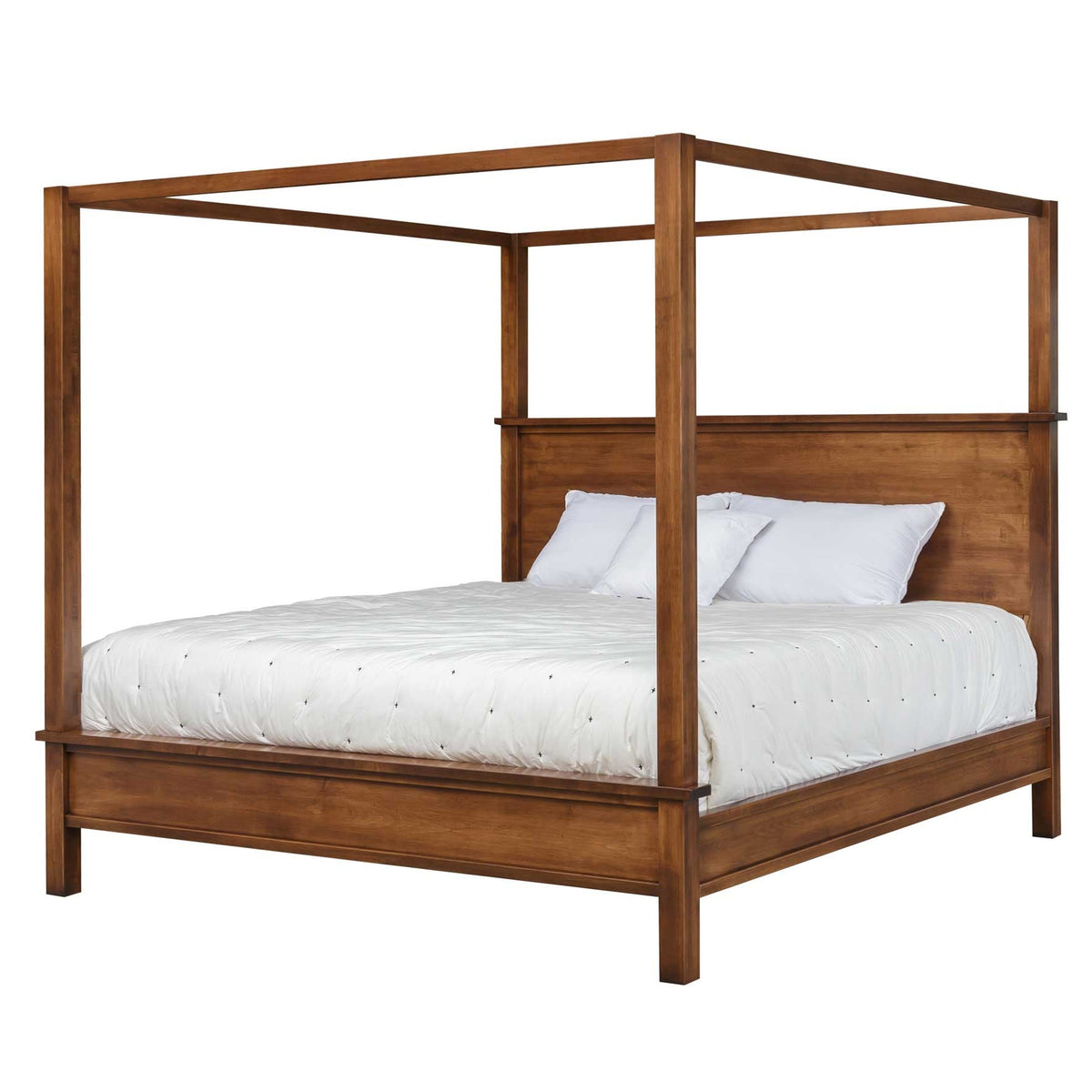 Warm brown solid wood canopy queen bed with tall square posts, flat canopy rails and a wide paneled headboard on a white background