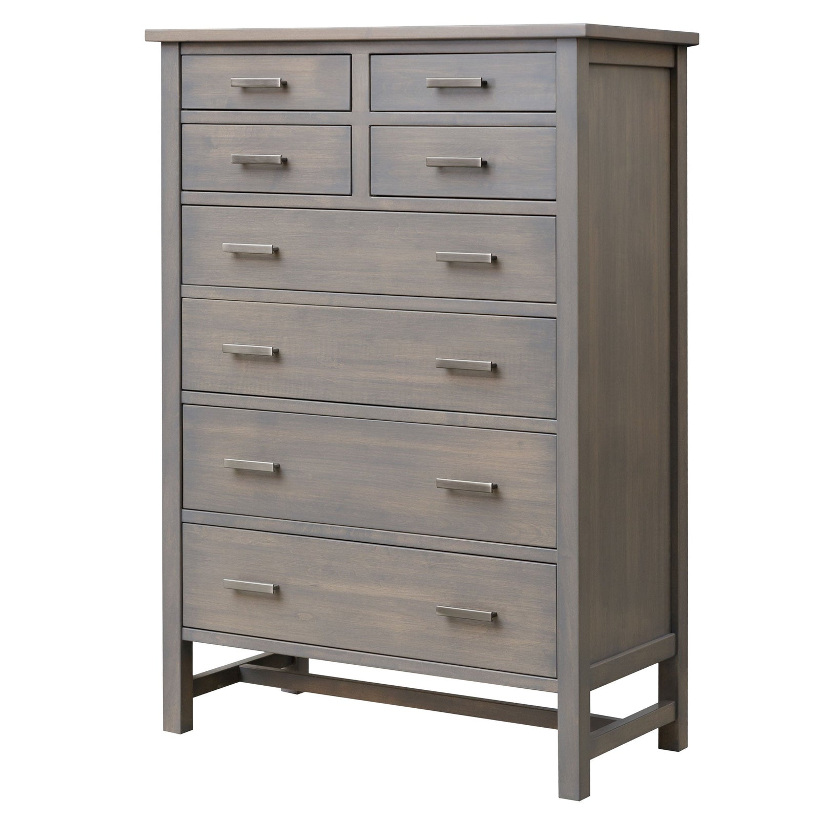 Tall eight-drawer chest of drawers in a weathered gray finish with brushed nickel bar pulls and square stretcher legs