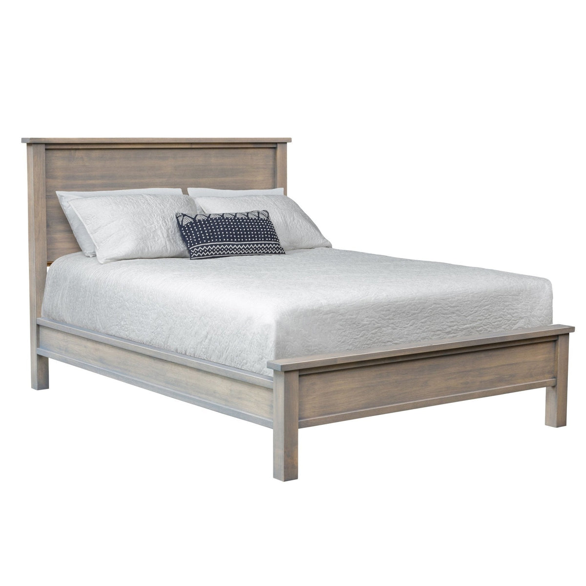 Gray stained solid wood panel bed with a flat paneled headboard, low footboard and white bedding on a white background