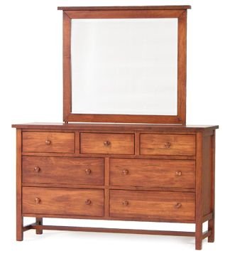 Cherry dresser mirror with a wide flat frame shown paired with a seven-drawer dresser and wood knobs