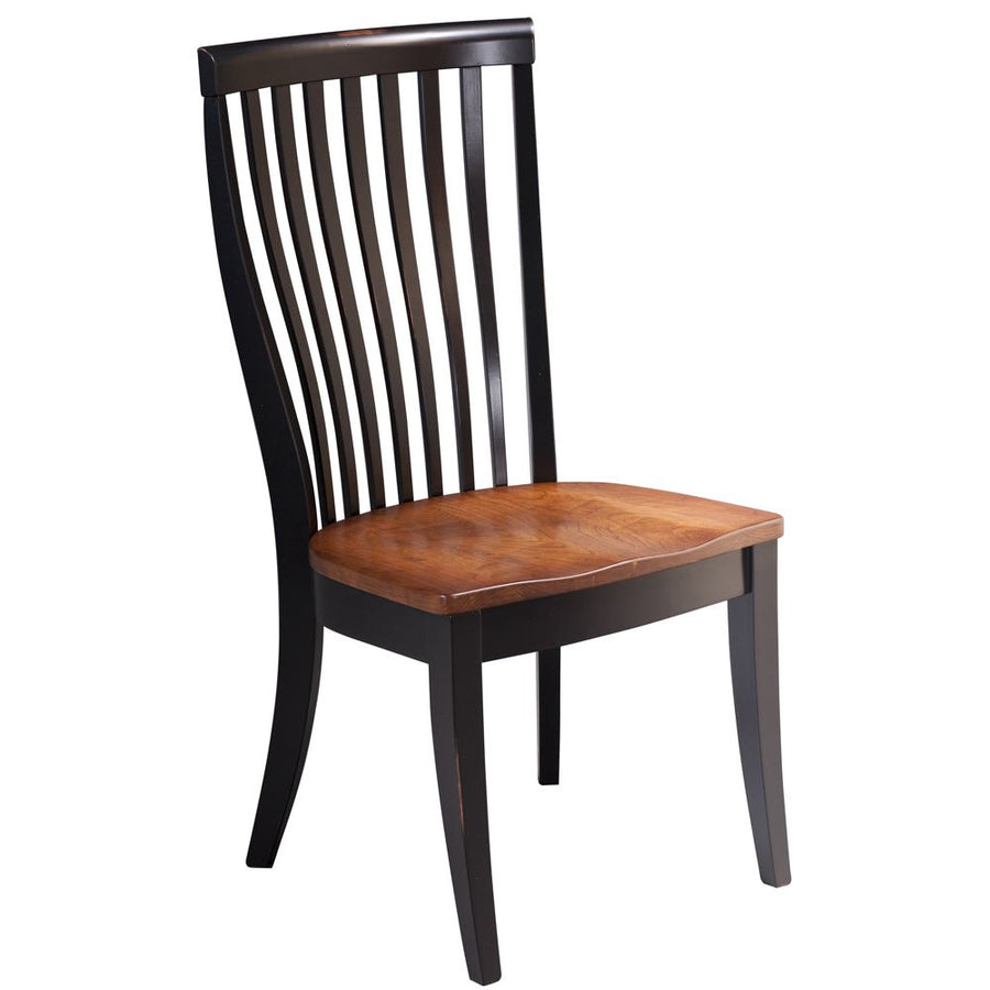 Two tone dining chair with a black painted slat back frame and contrasting cherry wood seat, on white