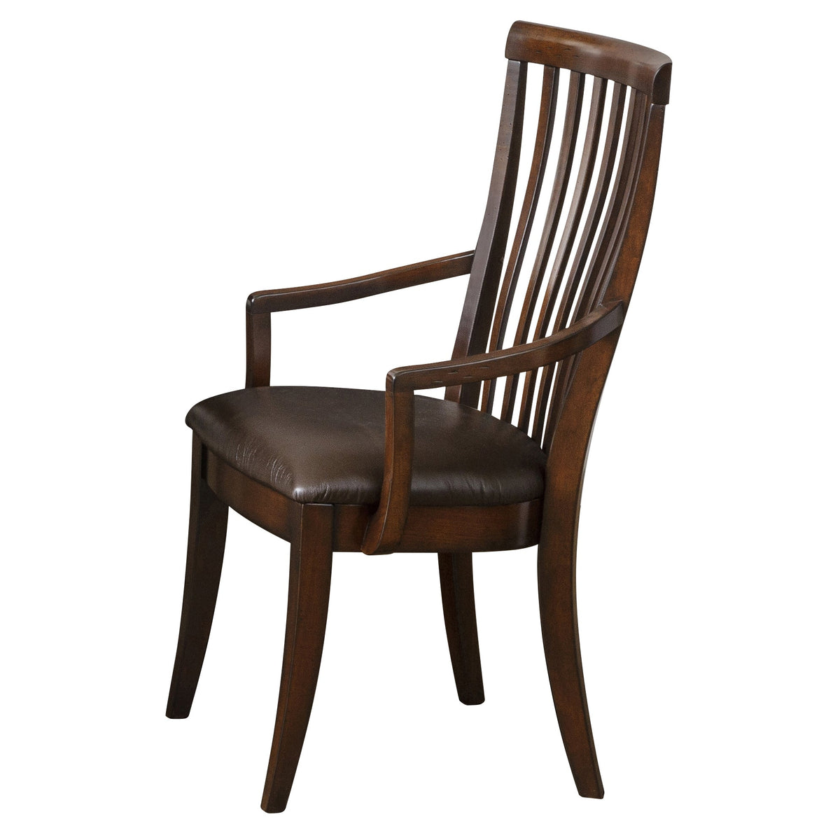 Slat back dining arm chair in a rich brown finish with a padded dark leather seat and shaped arms