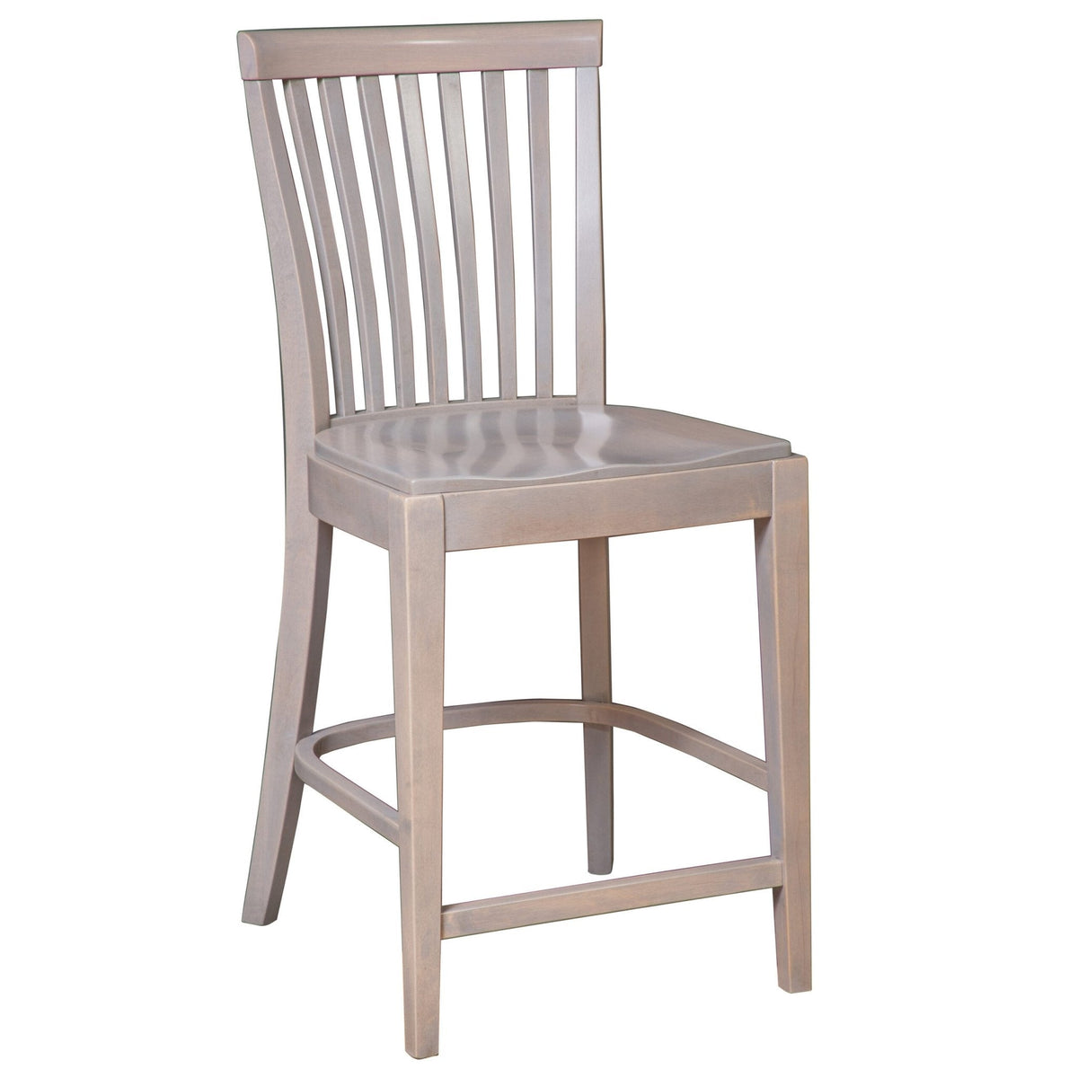 Weathered gray counter stool with a curved slat back, saddle wood seat and arched foot rail on white