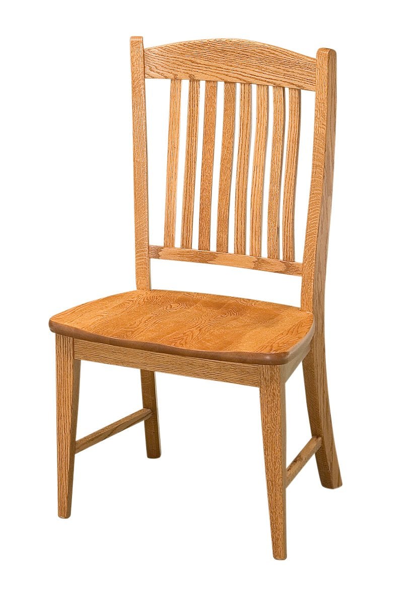 Light oak dining side chair with vertical curved back slats, saddle seat and side stretchers on white