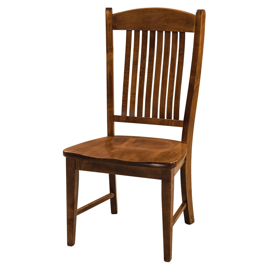 Lumbar slat-back dining chair in brown maple with an arched crest rail and contoured saddle seat, white background