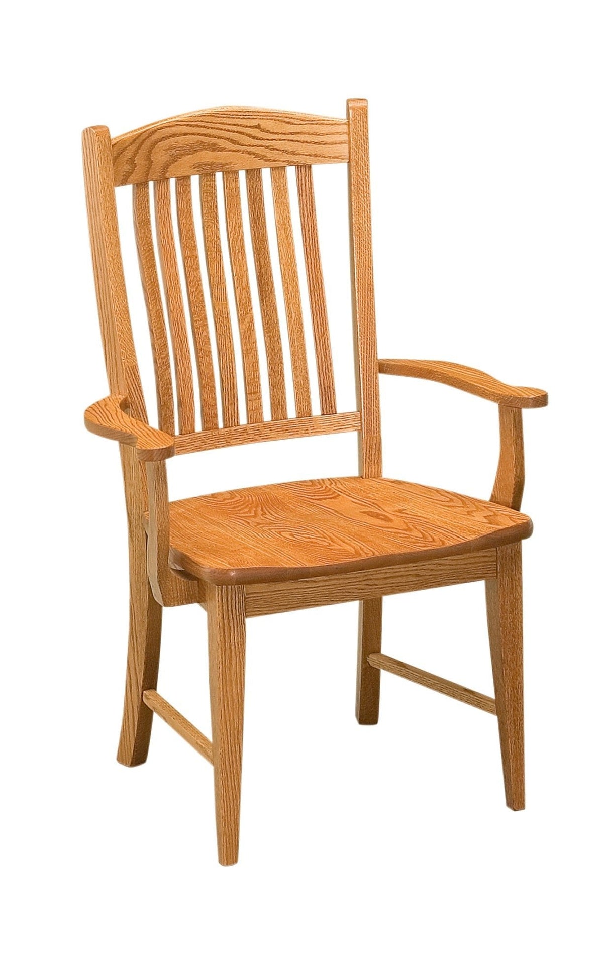 Oak dining arm chair with shaped arms, slatted lumbar back and contoured seat on a white background
