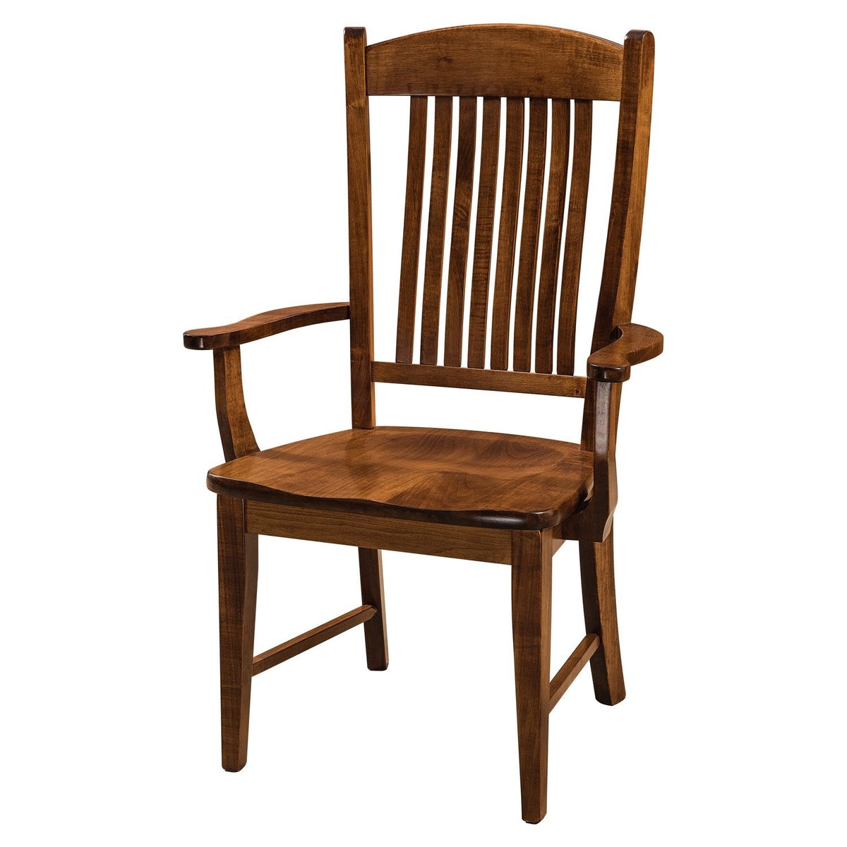 Matching arm chair version with shaped arms, seven curved back slats and a scooped wood seat in brown maple