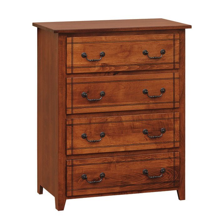 Madison 4-drawer chest in cherry stain with black bail pulls and incised line details, styled in a nursery beside a changing dresser