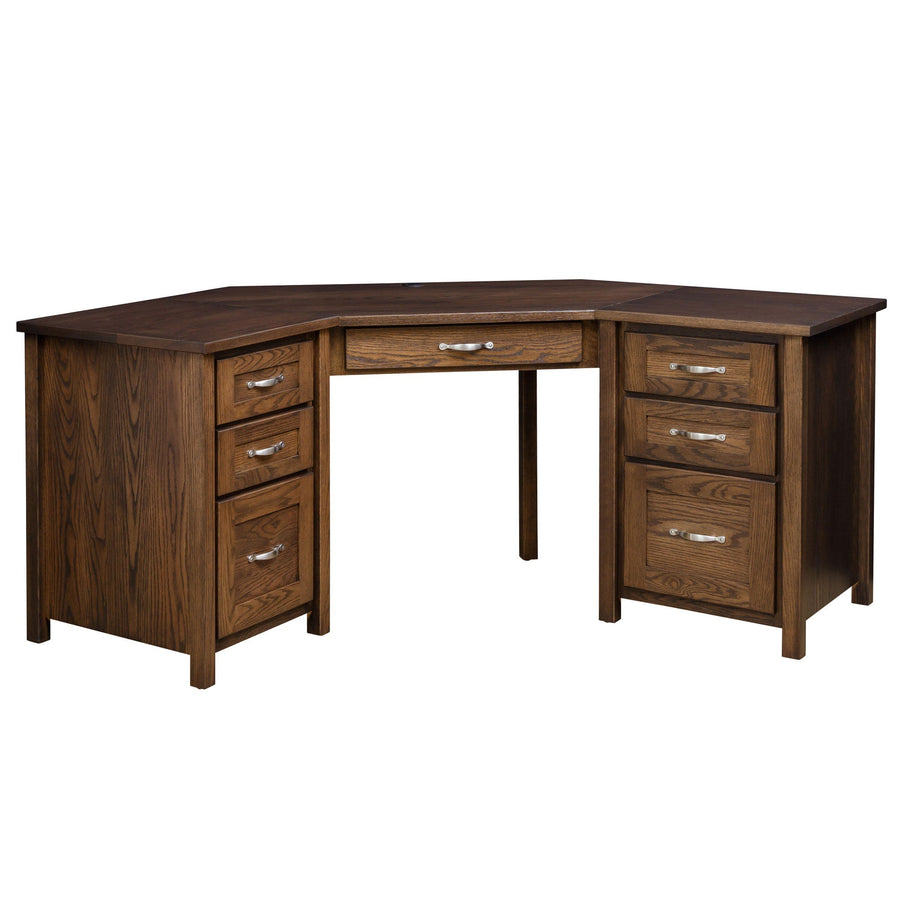 Solid oak corner L desk in a dark walnut finish with six drawers, two pedestals and brushed nickel bail pulls on a white background