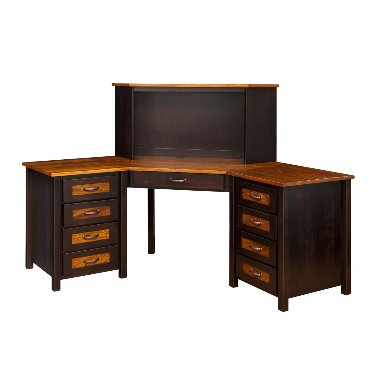 Corner L desk with black painted body, contrasting oak tops, eight drawers and center hutch top shown on a white background