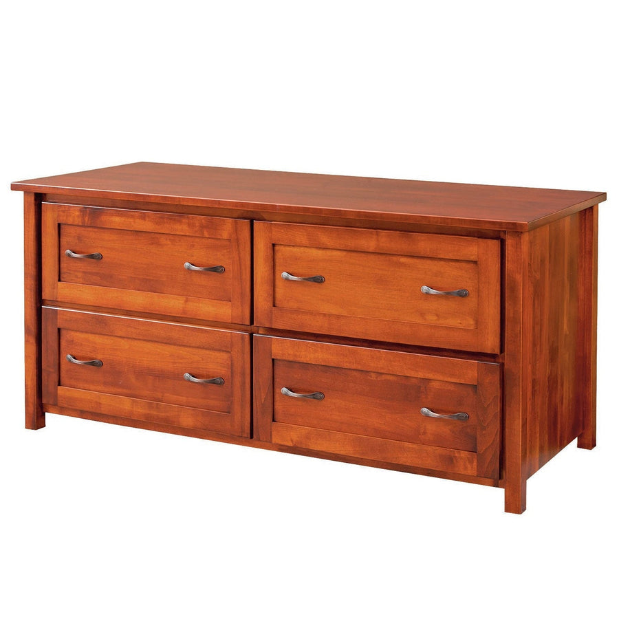 Double lateral file cabinet in solid wood with cherry finish, four file drawers with dark bail pulls and square legs on white