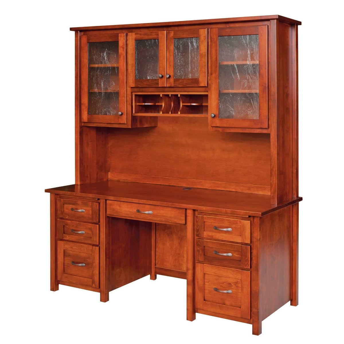 Executive desk with tall glass-door hutch top, letter slots, six drawers and center pencil drawer in a warm cherry finish