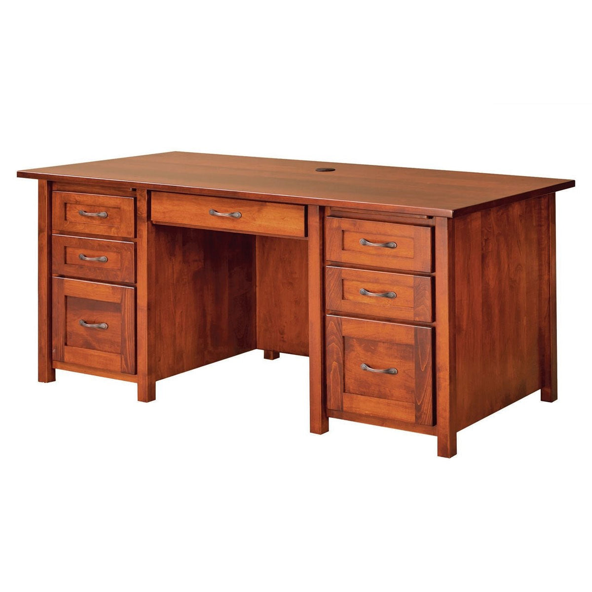 Double pedestal executive desk in cherry with six drawers, center pencil drawer, wire grommet and square legs on white