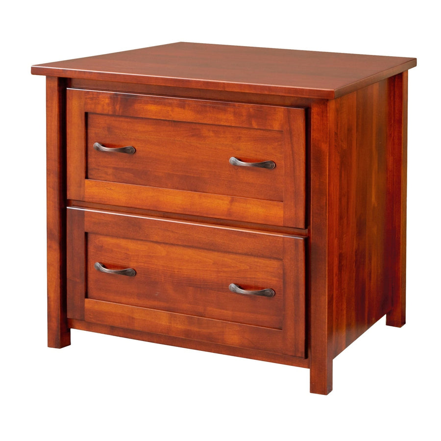 Two-drawer lateral file cabinet in cherry-stained solid wood with framed drawer fronts, bronze bail pulls and square legs