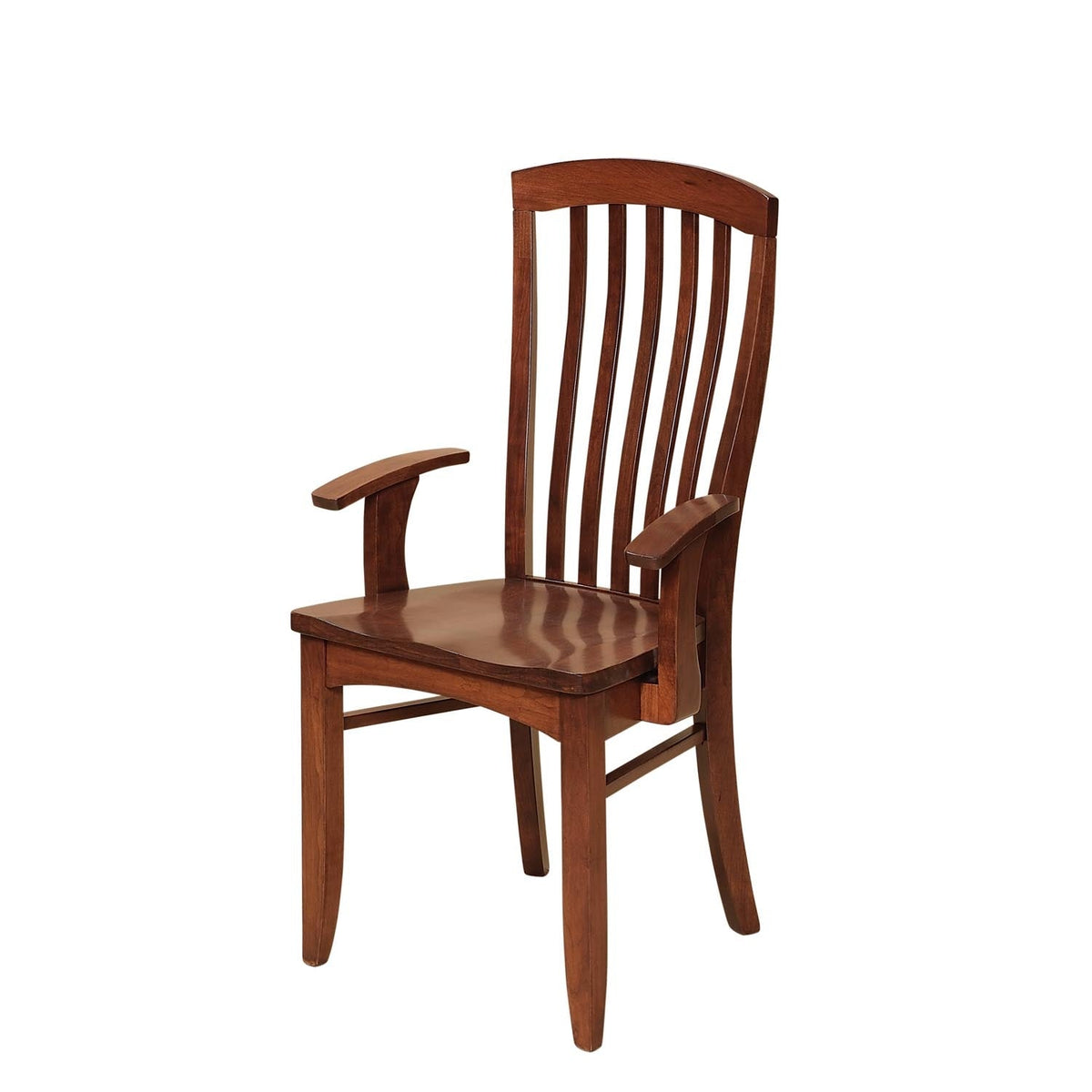 Cherry dining arm chair with curved slat back, sculpted arms and contoured seat on a white background
