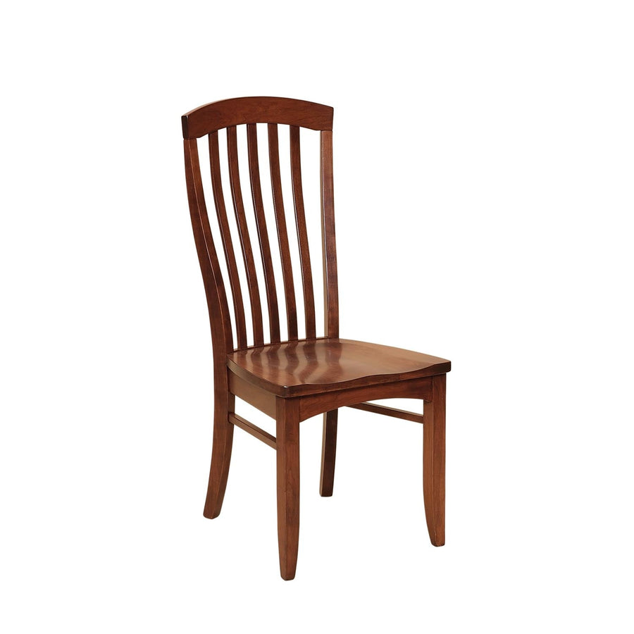 Dining chair in cherry with a fanned five-slat back, wavy-edge wood seat and flared legs on white