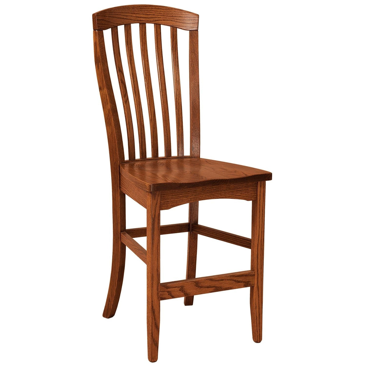 Counter-height oak chair with fanned back slats, contoured seat and boxed footrest stretchers, white background