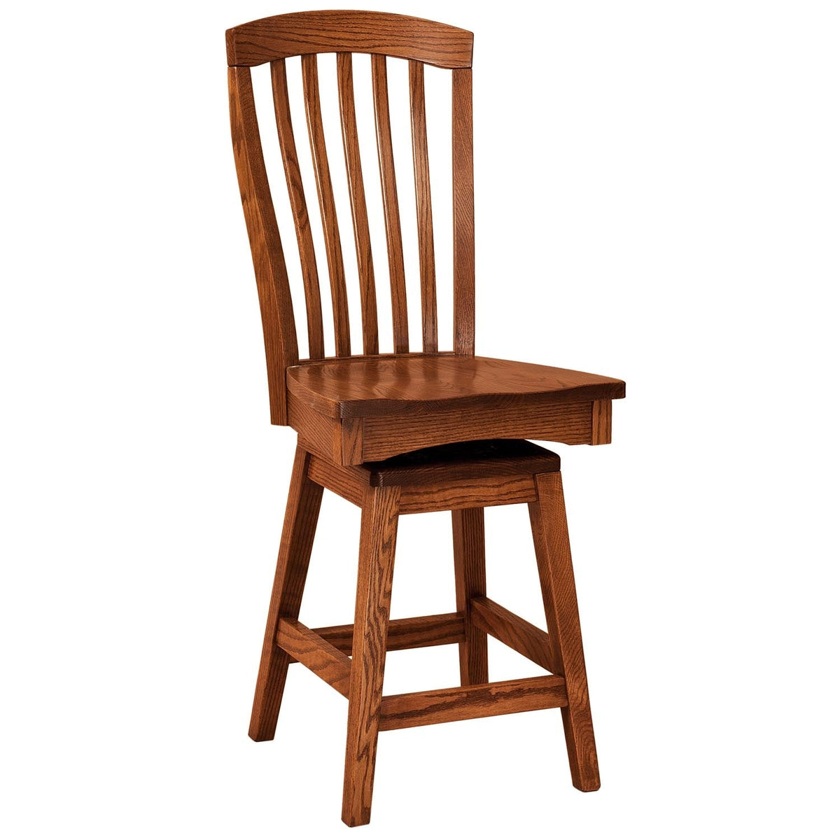 Oak Windsor swivel bar stool with an arched slat back, saddle seat and footrest stretchers on white