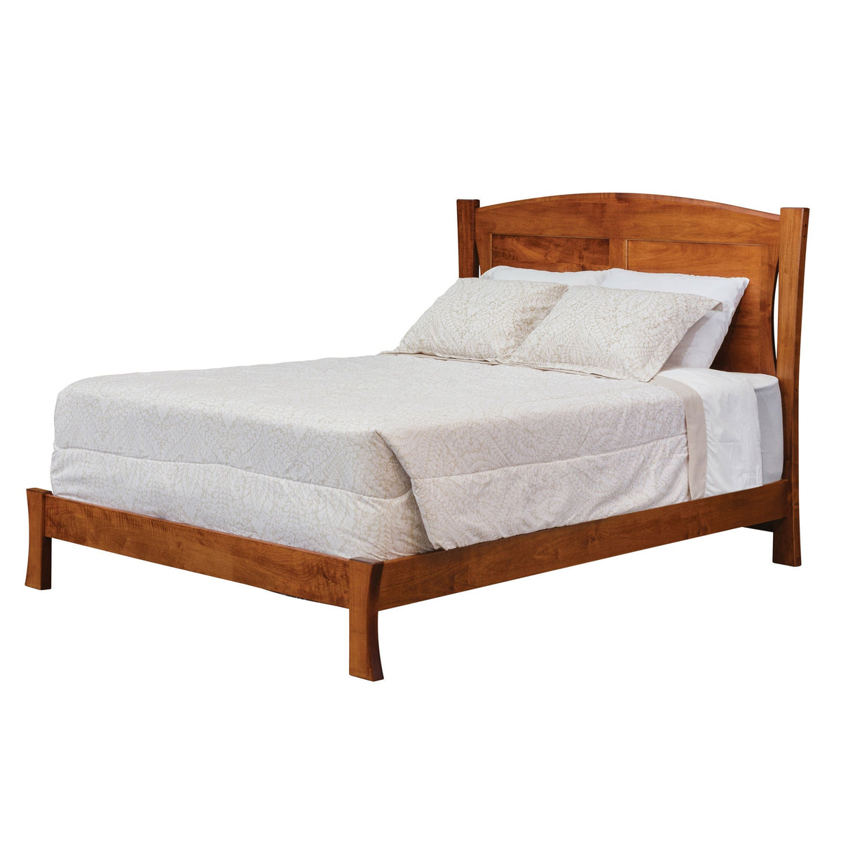 Modern solid wood bed with an arched two-panel headboard, splayed posts and low rails in a cherry finish